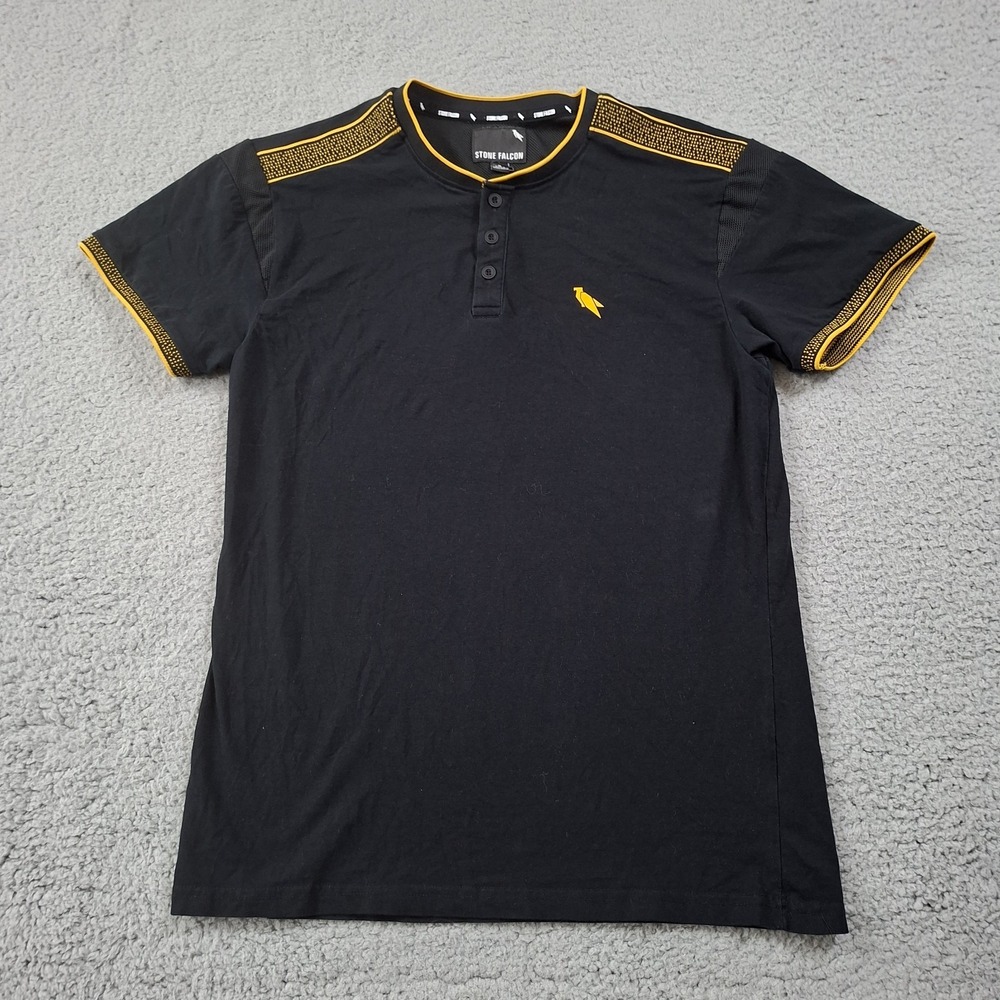NEW Stone Falcon Mens Henley Shirt Black and Yellow Cotton Spandex Medium Sporty